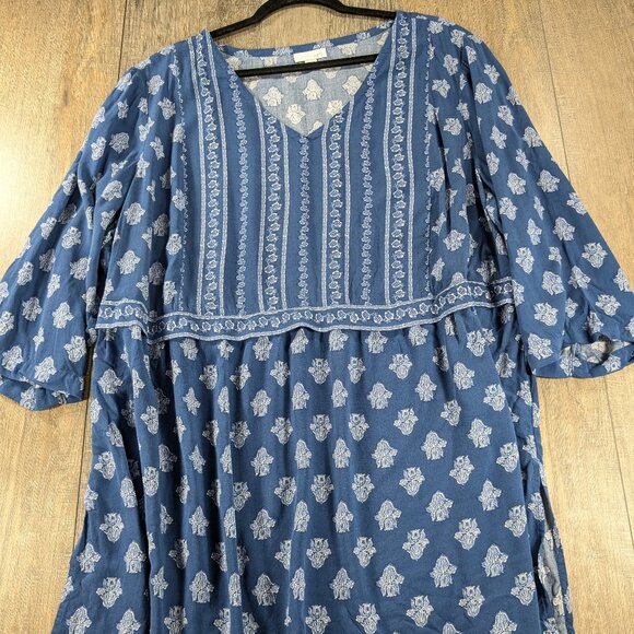 J Jill Tunic Top Womens Plus 2X Blue Print 3/4 Sleeve Lightweight Flowy BOHO - Picture 1 of 11